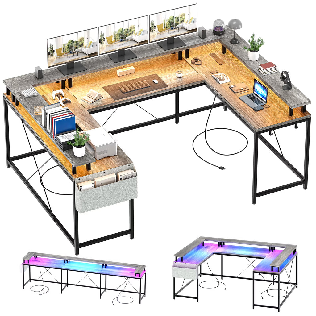 Yesfashion U Shaped Computer Gaming Desk, Reversible L Shaped Desk with Power Outlets, LED Strip & Monitor Stand, Large Corner Desk with Storage Shelves