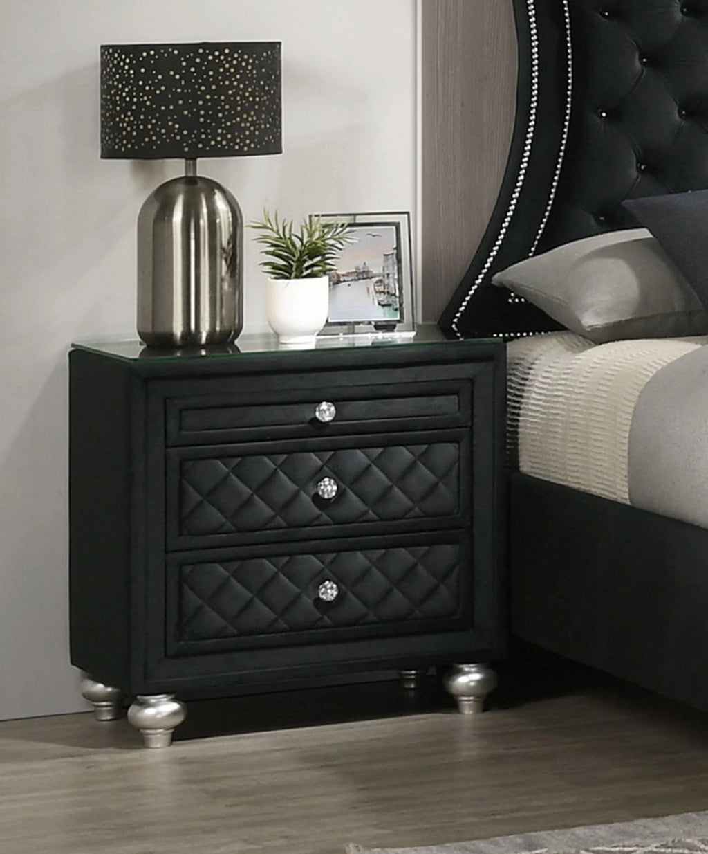 Nightstand for Bedroom 1pc Traditional Glam 3-Drawer Nightstand Velvet Tufted Drawer Front Jewelry Tray Faux Crystal Drawer Knobs Black,Wooden Nightstand