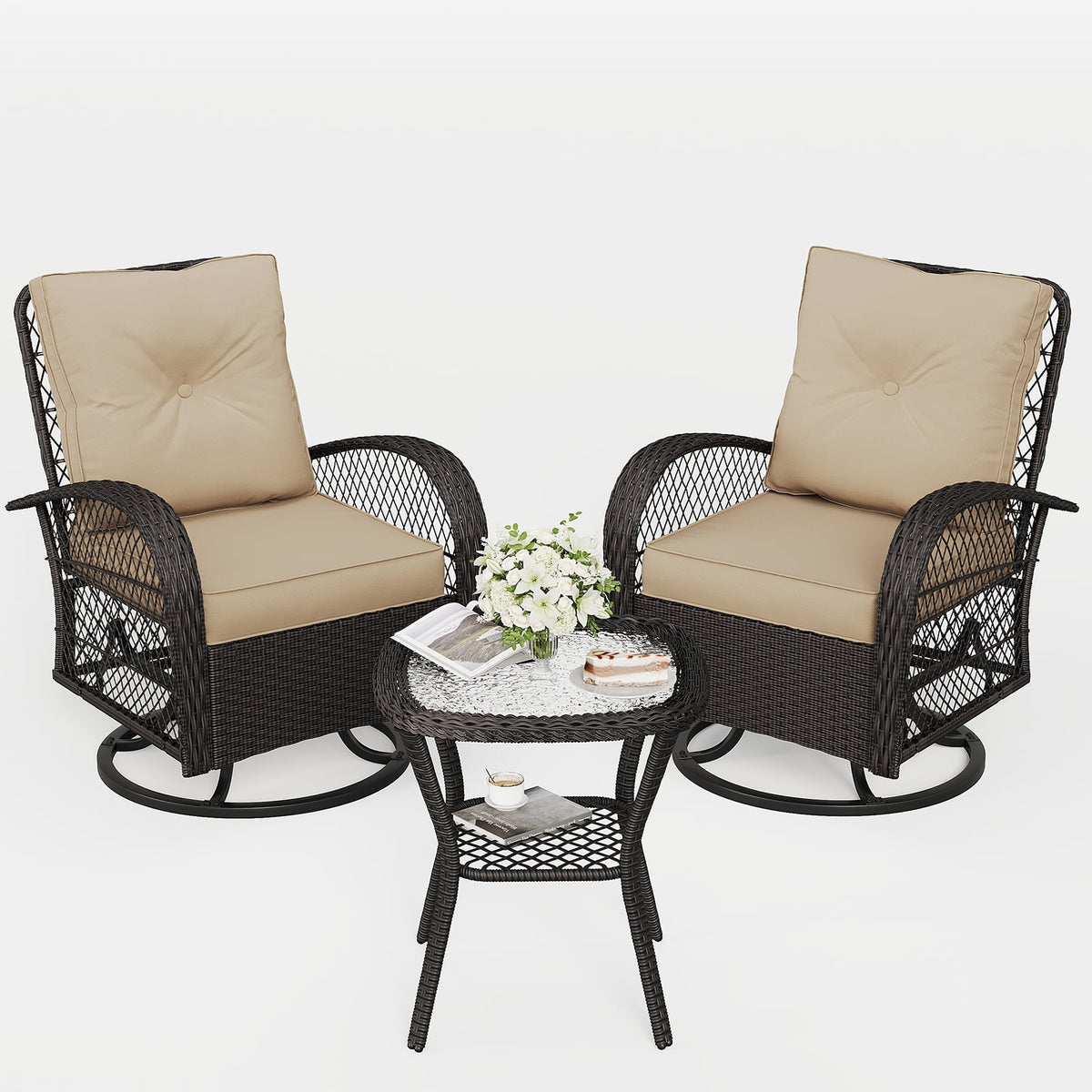 ELPOSUN 3 Pieces Patio Furniture Set, Outdoor Swivel Gliders Rocker, Wicker Patio Bistro Set with Rattan Rocking Chair, Glass Top Side Table and Thickened Cushions for Porch Deck Backyard
