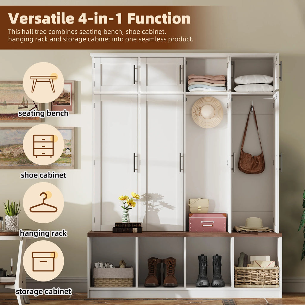 Euroco Entryway Hall Tree with Bench, Shoe Storage, Coat Hooks & Cabinets �C Walnut Finish, Anti-Tip Design, Modern Mudroom Organizer