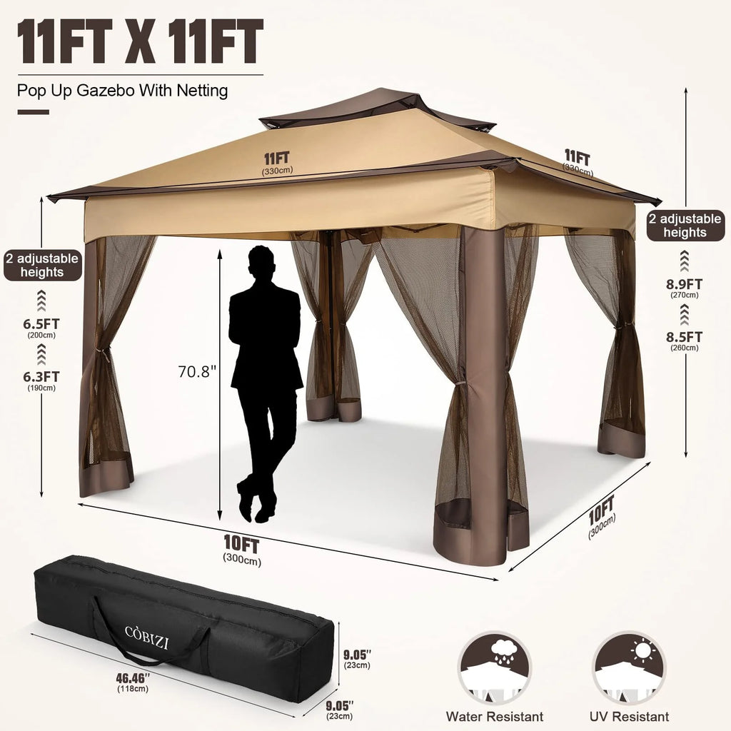 COBIZI 12x12 Outdoor Gazebo Pop Up Gazebo Canopy with Mosquito Netting Patio Tent Backyard Canopy with 2-Tiered Vented Top 3 Adjustable Height, Beige