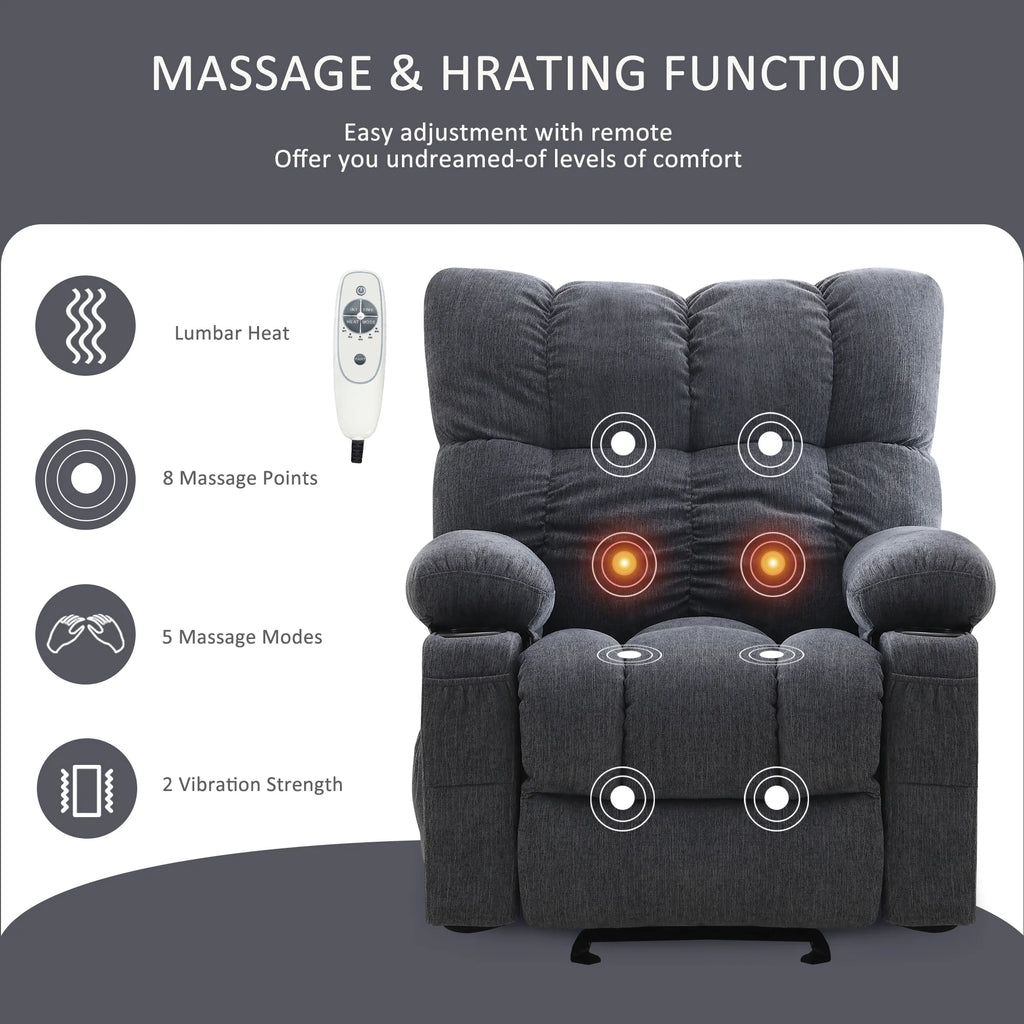 JONPONY Manual Recliner Chair with Heat Therapy and Massage Function, Heavy Duty Reclining Mechanism Massage Chair, Elderly Single Rocker Sofa with Cup Holders for Bedroom Home Theater,Grey