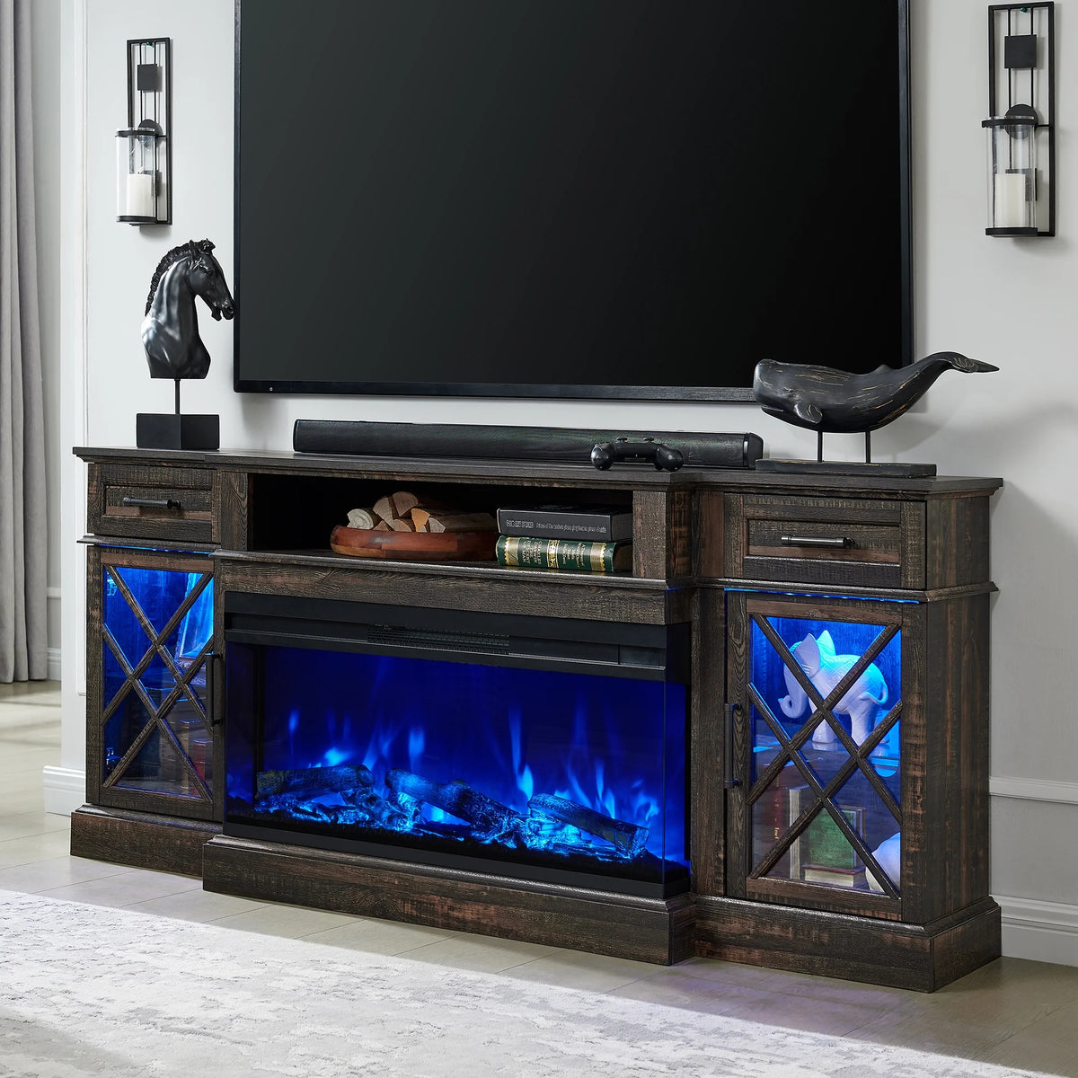 OKD Farmhouse 3-Sided Fireplace TV Stand for 80" TVs, 70" Entertainment Center with Electric Fireplace and Storage Drawers, Antique White