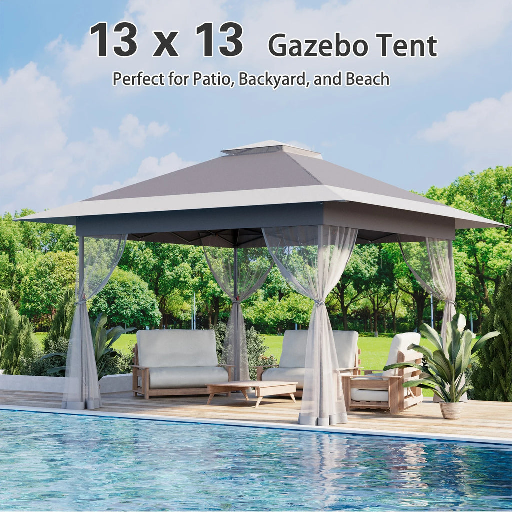 Bezseller 11x11 Pop up Gazebo, Outdoor Waterproof Canopy Tent with Mosquito Netting for Outdoors, Khaki