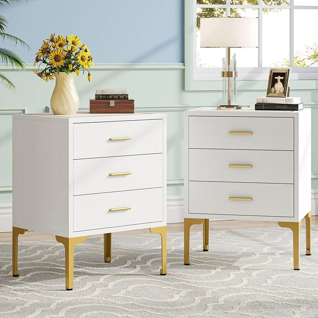 White Gold Nightstand, Modern 3 Drawers Bed Side Table for Bedroom 2 Pcs