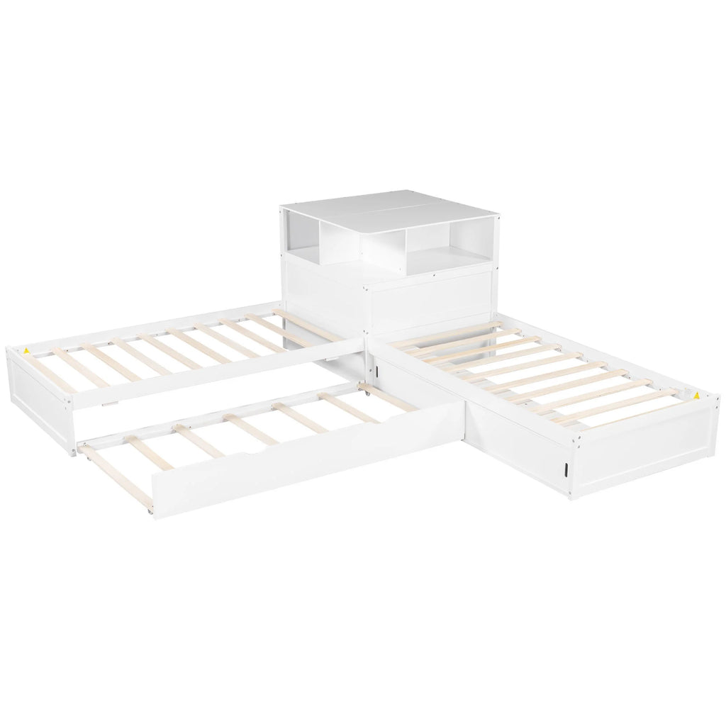 Euroco Pine Wood L-Shaped Twin Platform Bed with Storage Desk, Cabinets, Trundle and LED Light for Kids Teens, Gray