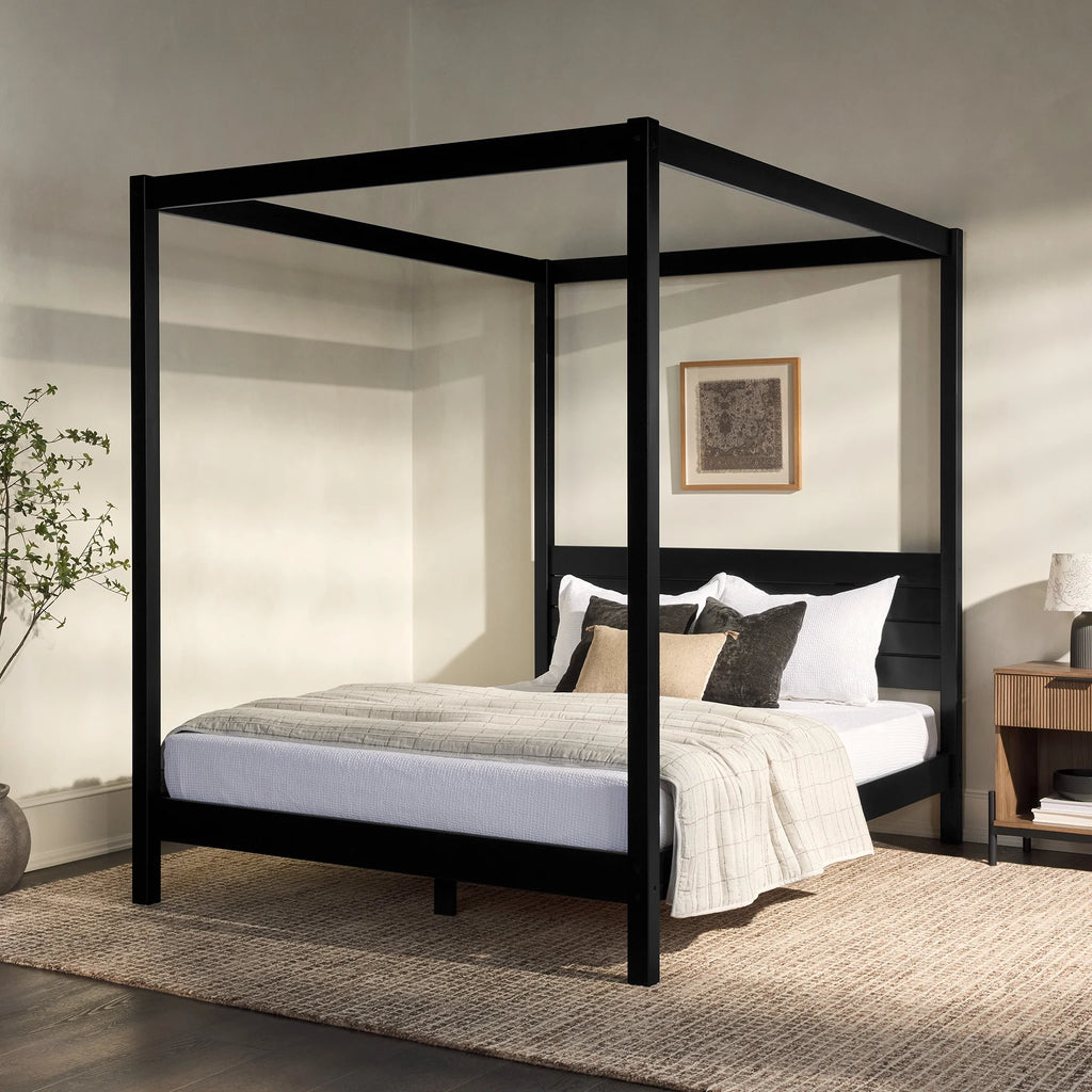 Walker Edison Minimalist Slatted Wood Queen Canopy Bedframe, Natural Pine