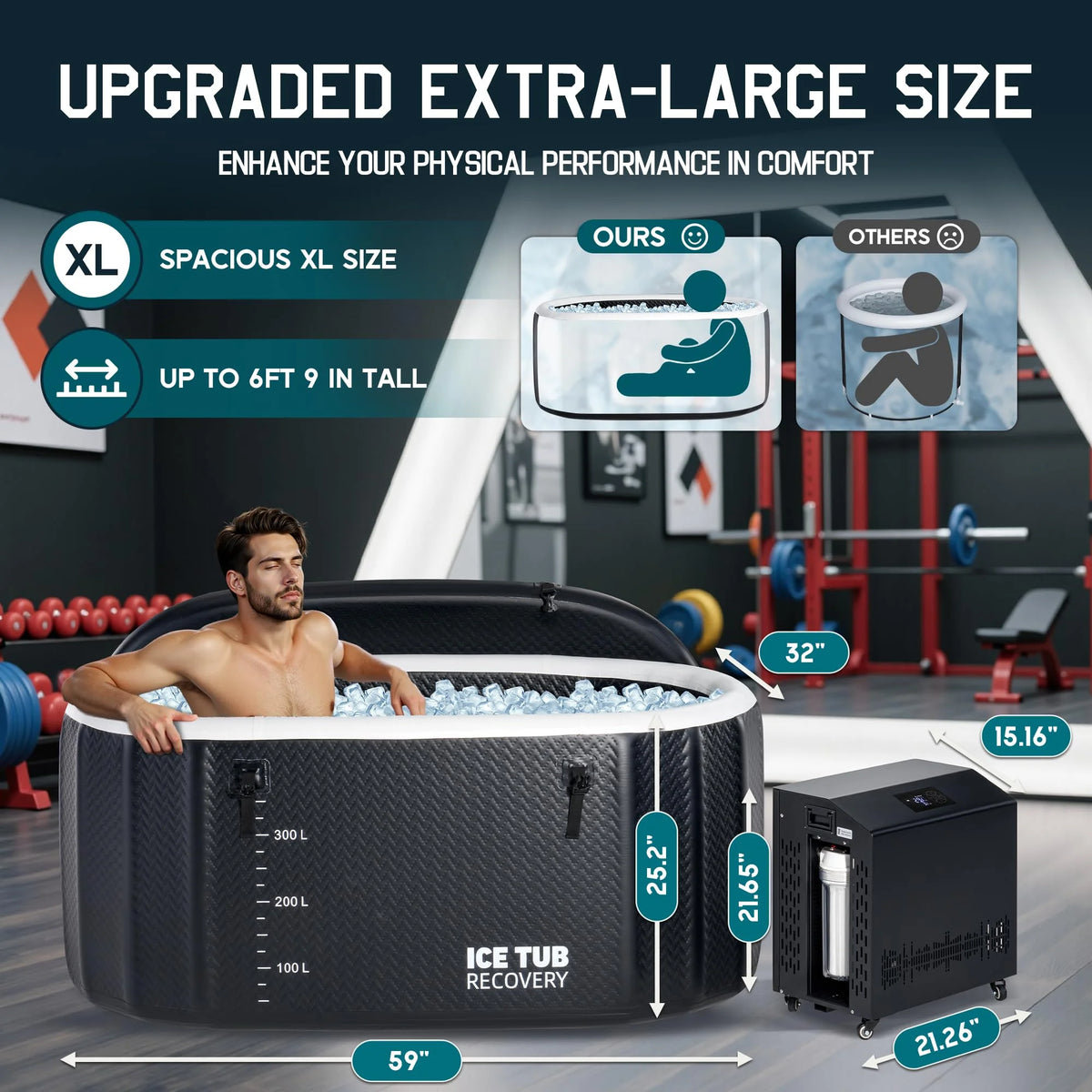 Jocisland Inflatable Cold Plunge Tub for Athletes, Ice Bath Tub with Insulated Lid Non-Slip Mat, Water Chiller Compatible, Portable for Outdoor & Indoor Recovery, 150 Gal, 59"L x 32"W x 28"H