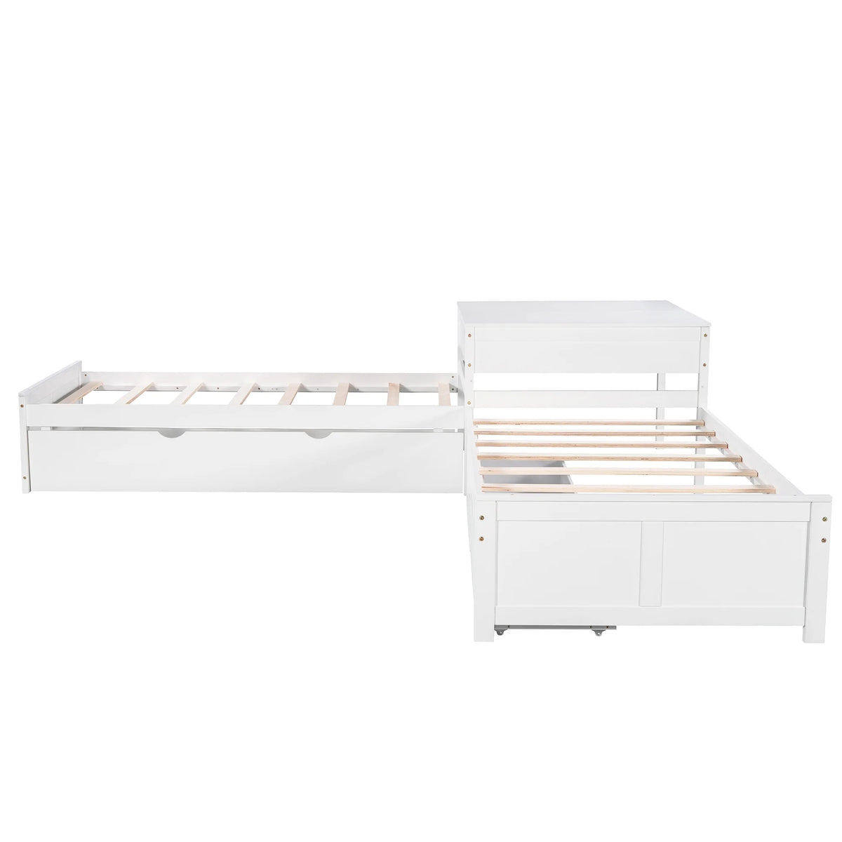 Euroco Wood Twin Size L-Shaped Platform Bed with Square Storage Table for Kids Teens, 2 Platform Beds with Trundle and Drawers for Living Room, 3 Twin Beds, Gray