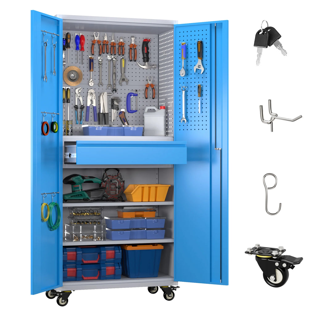 SUPEER 71" Metal Storage Cabinets with Wheels and Pegboards, Industrial Cabinet with 2 Drawers and 2 Adjustable Shelves,, Assembly Required