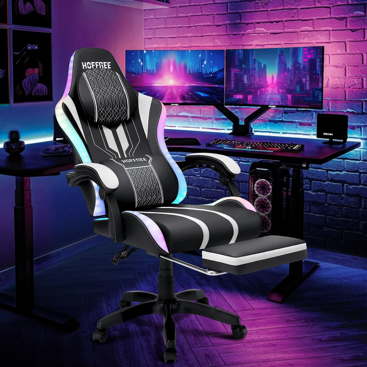 HOFFREE Big and Tall Gaming Chair with Speakers and RGB Lights, Gamer Chair with Footrest, Lumbar Support Height Adjustable 360-Swivel Seat and Headrest for Adults, 400lbs