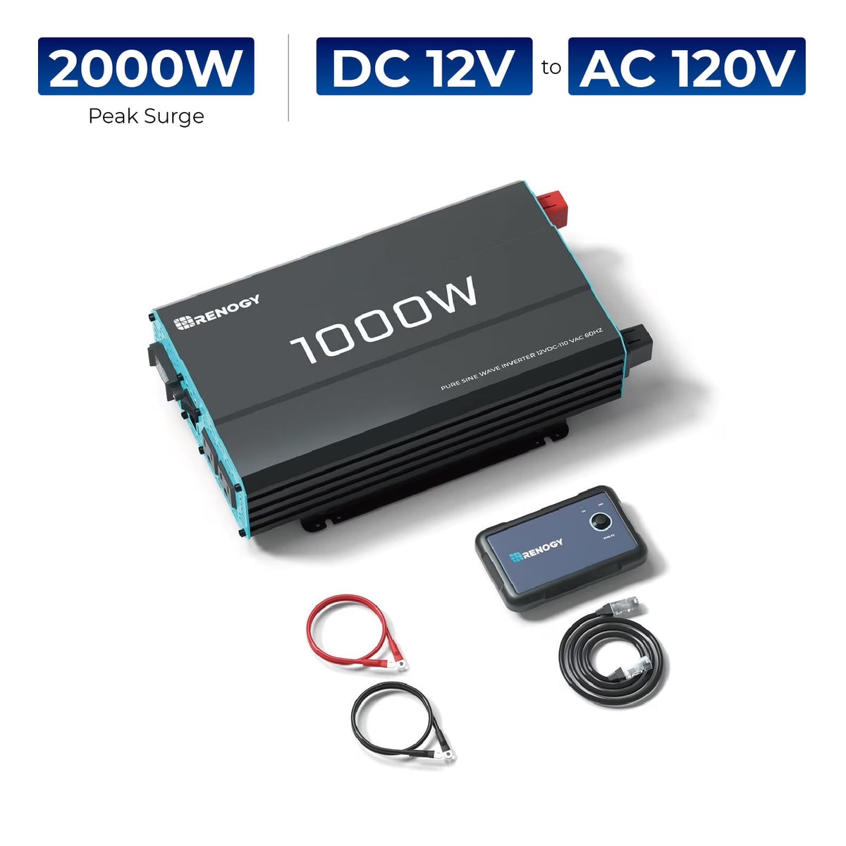 Renogy 2000W Pure Sine Wave Inverter, Power Inverter DC 12V to AC 120V, Built-in 5V/2.1A USB / Hardwire Port, Remote Controller
