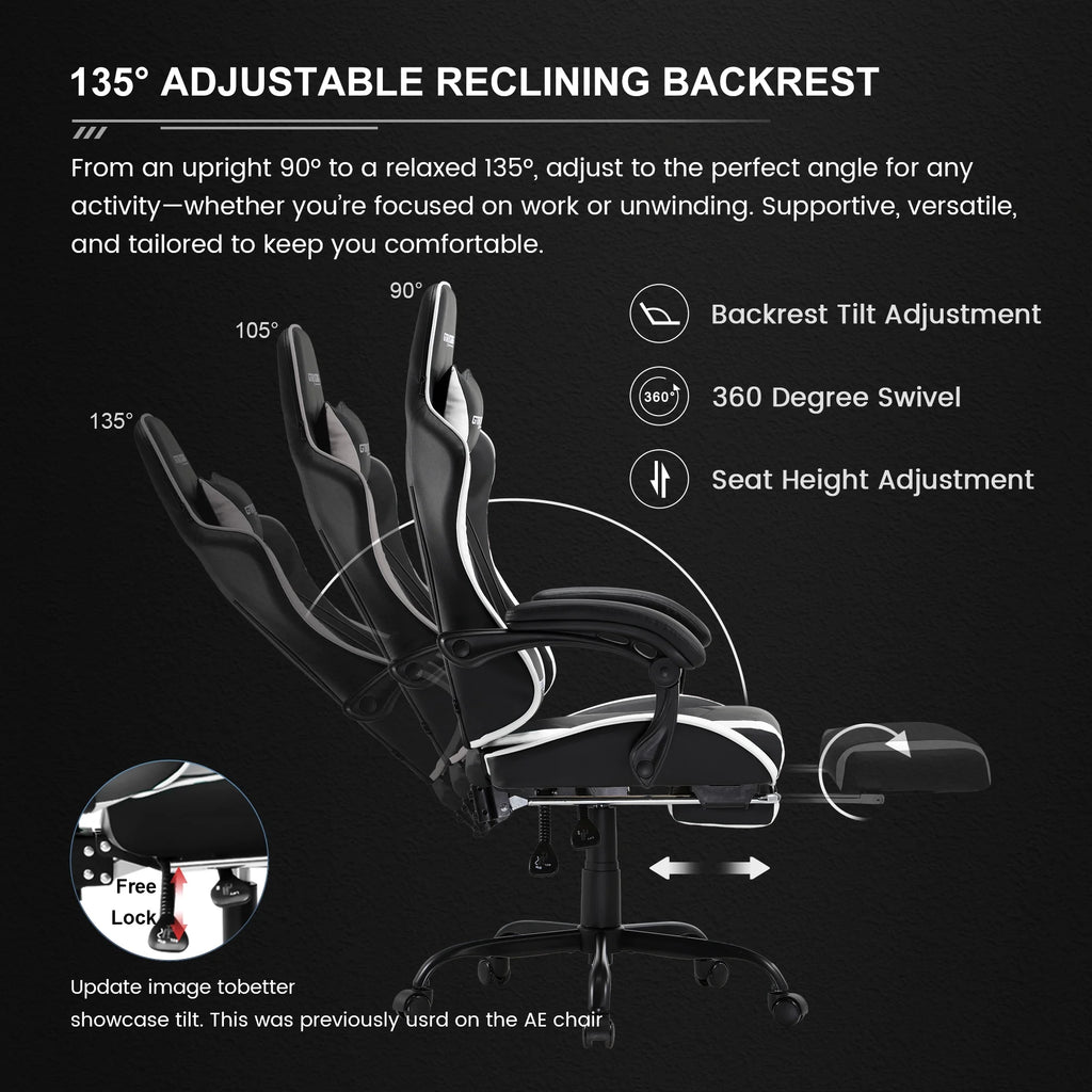 GTRACING GTWD-200 Ergonomic Gaming Chair with Adjustable Pillows and Footrest , White