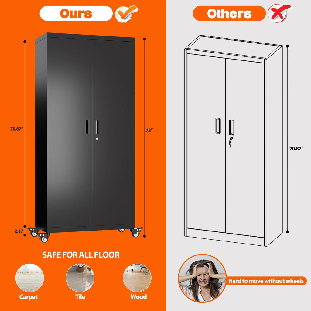 SUPEER 71" Metal Storage Cabinets with Wheels and Pegboards, Industrial Cabinet with 2 Drawers and 2 Adjustable Shelves,, Assembly Required