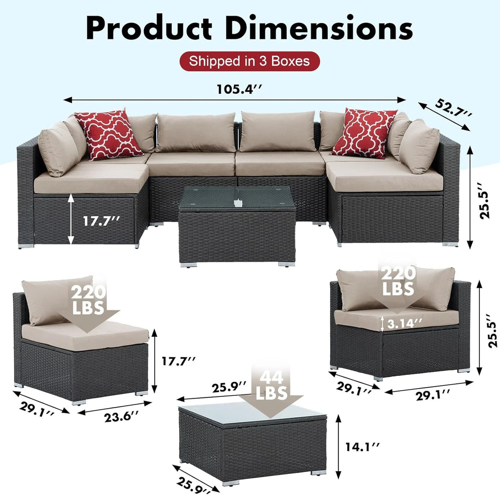 7 Piece Patio Furniture Sets Outdoor Sectional PE Rattan Outdoor Furniture Patio Conversation Set with Cushions and Glass Coffee Table, for Balcony Lawn and Garden, Gray
