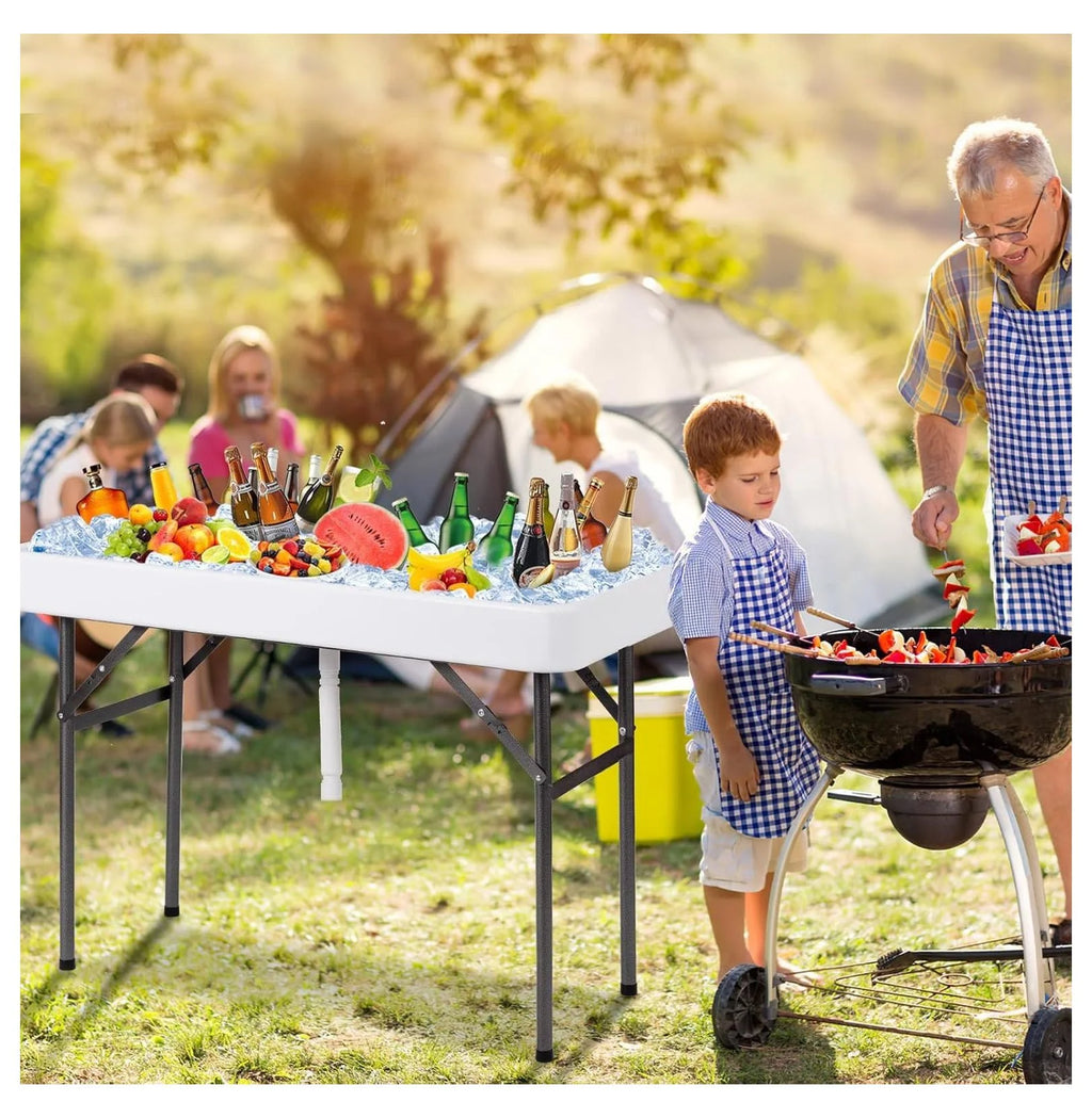 Folding Ice Cooler Table - Portable Beverage Cooler, Buffet Server with Skirt & Drain - Party, Picnic, BBQ, Camping - White 24 in x 47.5 in x 32.5 in
