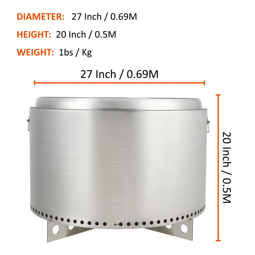 27 Inch Smokeless Fire Pit for Outdoor Wood Burning, Portable Stainless Steel Camping Stove with Stand, Unique Removable Ash Pan Design, H: 11.5 in, 26.9 lbs - Ideal for Camping