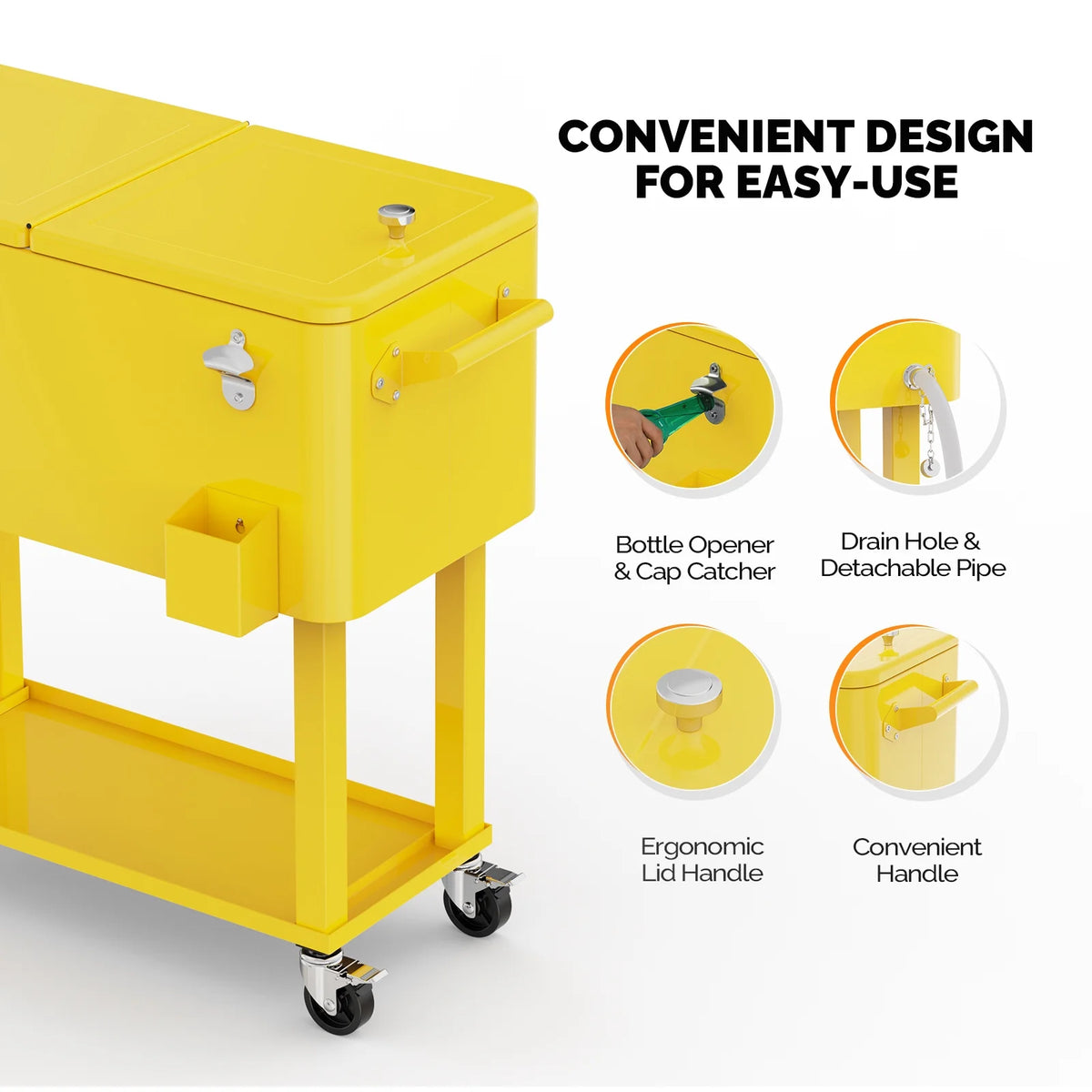 Ktaxon 80 Qt Rolling Ice Chest Cooler Cart Outdoor Trolley with Storage Shelf, Bottle Opener & Cap Collector for 48 Hour Cold Drinks,Lemon Yellow