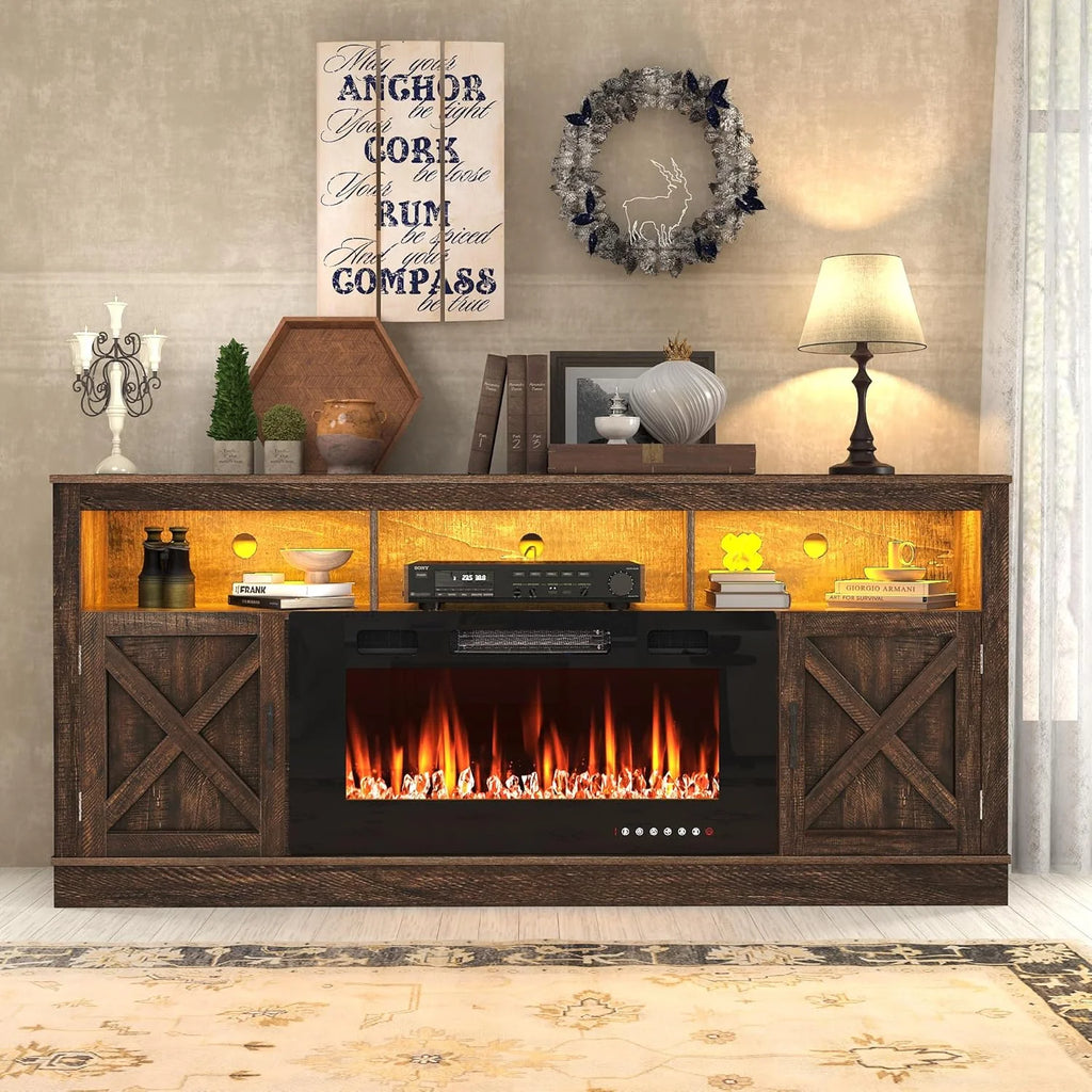 ChVans 70" Fireplace TV Stand for TVs up to 80" with 36" Electric Fireplace, Farmhouse Entertainment Center with LED, Wooden Media Console for Living Room, Bedroom