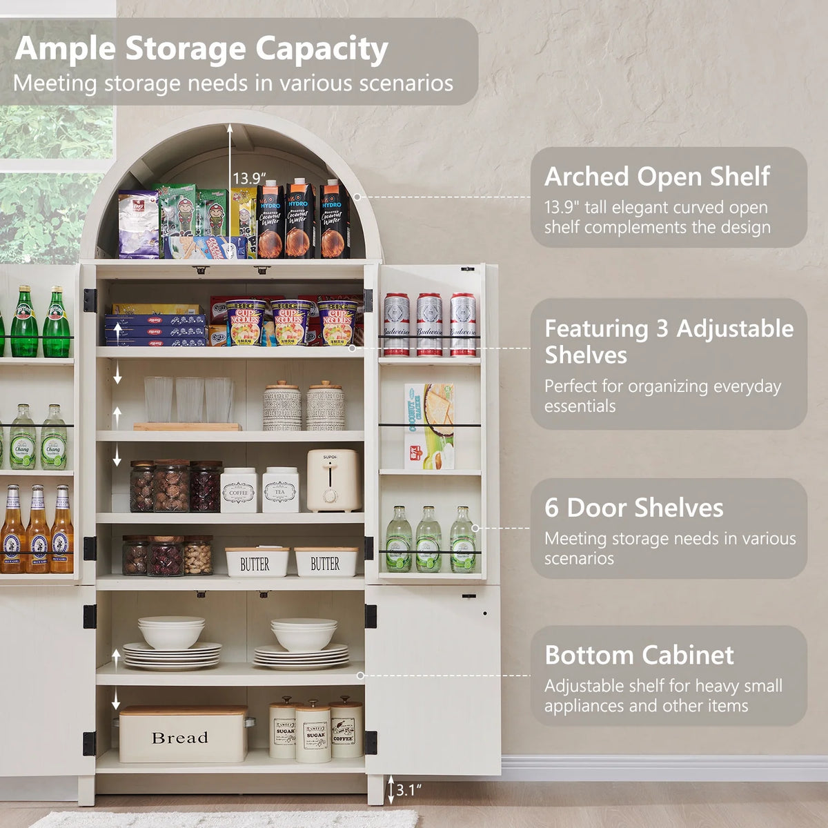 IFGET 71-Inch Arched 4-Tier Bookcase with Glass Doors and Drawers