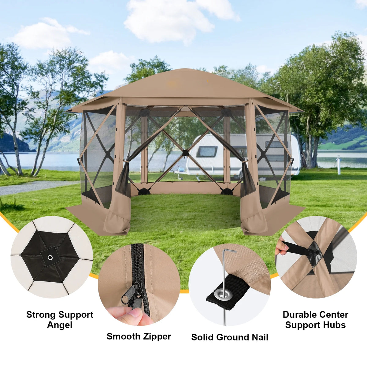 HOTEEL 12x12 Portable Pop-Up Outdoor Camping Gazebo, Screen Tent with Mosquito Nettings, Waterproof, UV, Bite Proof, Removable top Glamping Canopy with Carry Bag, Gray