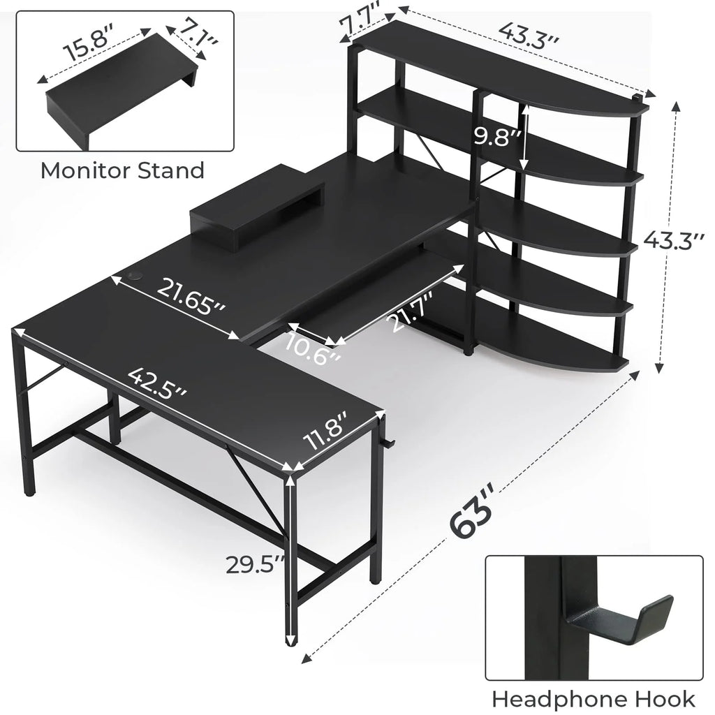 L Shaped Computer Desk, 63'' Corner Gaming Desk with LED Lights, Black Finish