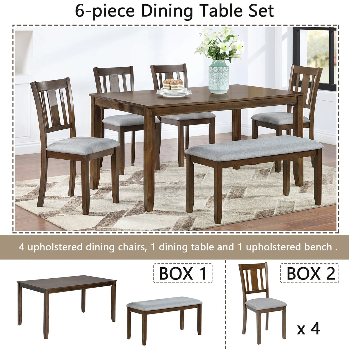 Dining Room Set, LEGAHOME 6 Piece Dining Sets with Bench and Chairs, Solid Wood Kitchen Dining Table Set for 6 with Upholstered Chairs, Gray