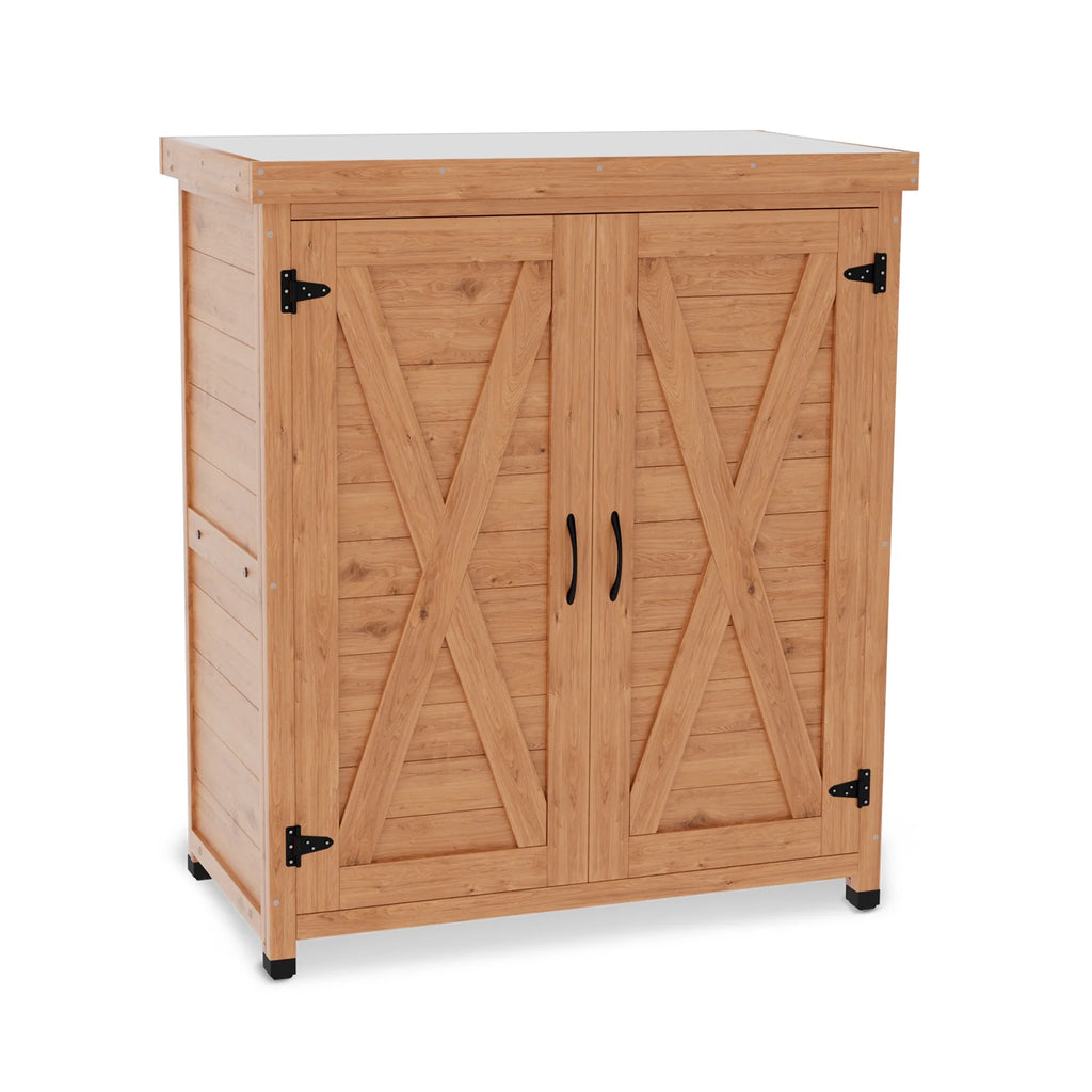 Tcbosik Outdoor Storage Cabinet & Potting Bench Table, Wooden Patio Furniture with Metal Top, Garden Workstation for Backyard, Lawn, Deck, Balcony, Gray
