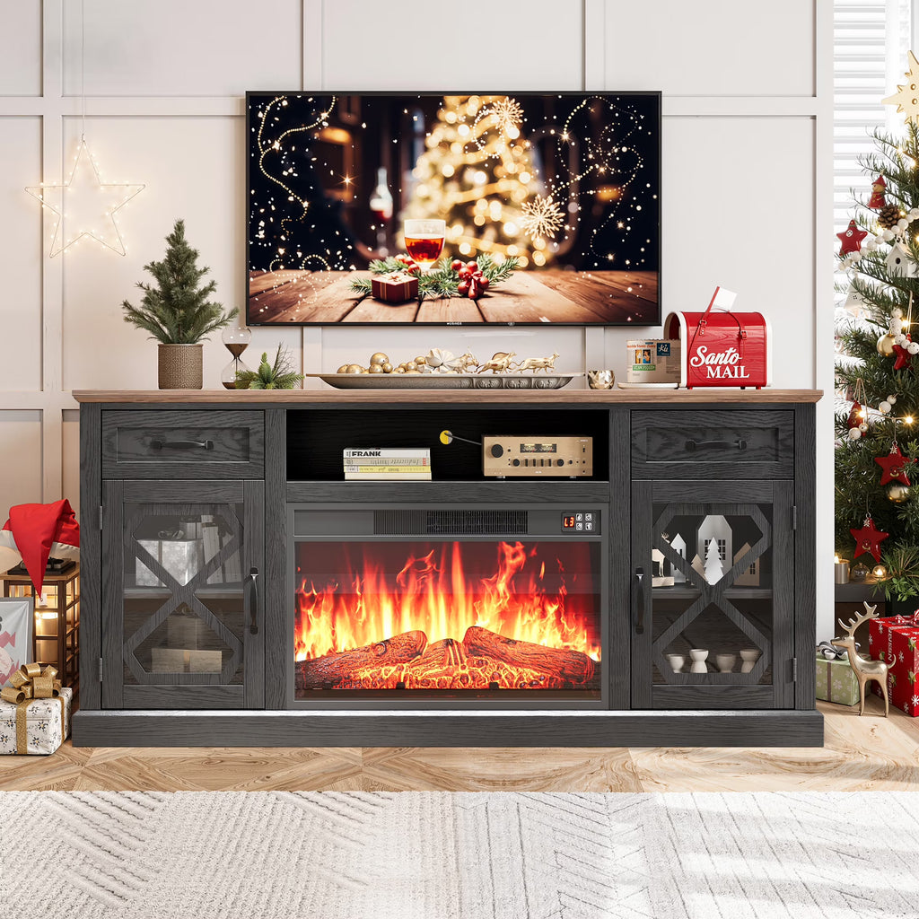 SESSLIFE Fireplace TV Stand for 65 Inch TV, TV Console with 23''Electric Fireplace, Console Entertainment Center Television Table for Living Room or Bedroom, Brown