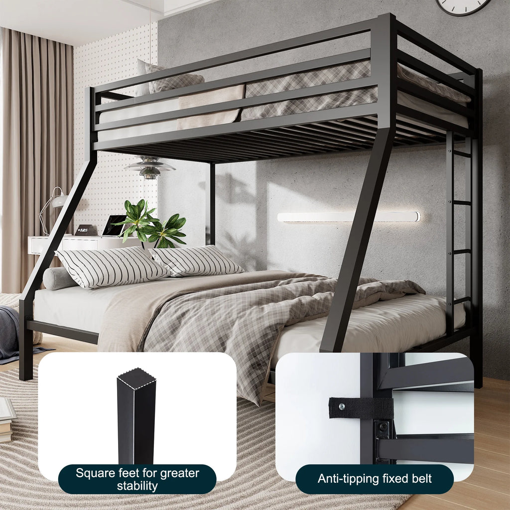 Amolife Twin over Full Size Metal Bunk Bed with Removable Ladder, Full-Length Guardrail, Black