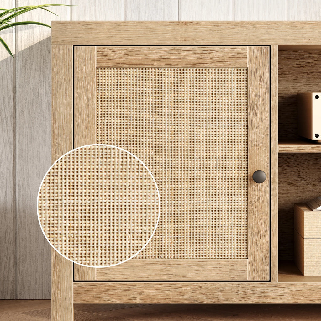 Rattan TV Stand for 65 Inch, Boho Entertainment Center with Storage and Doors, Wood TV & Media Console Under TV Cabinet Furniture for Living Room