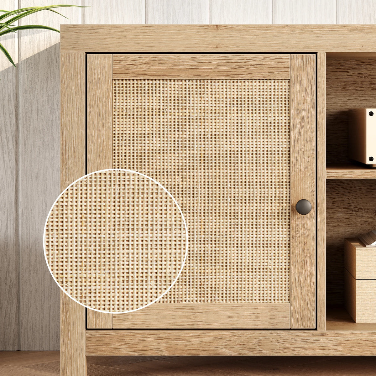 Rattan TV Stand for 65 Inch, Boho Entertainment Center with Storage and Doors, Wood TV & Media Console Under TV Cabinet Furniture for Living Room