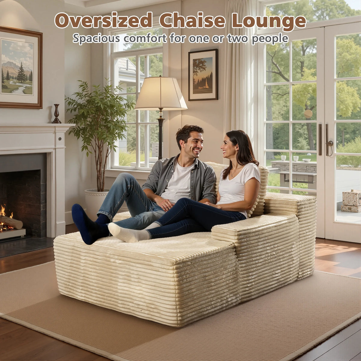 Ovios 67'' Oversized Chaise Lounge Chair Indoor Cloud Plush Corduroy Floor Sofa Bed Deep Seat No Assembly Couch for Living Room, Black