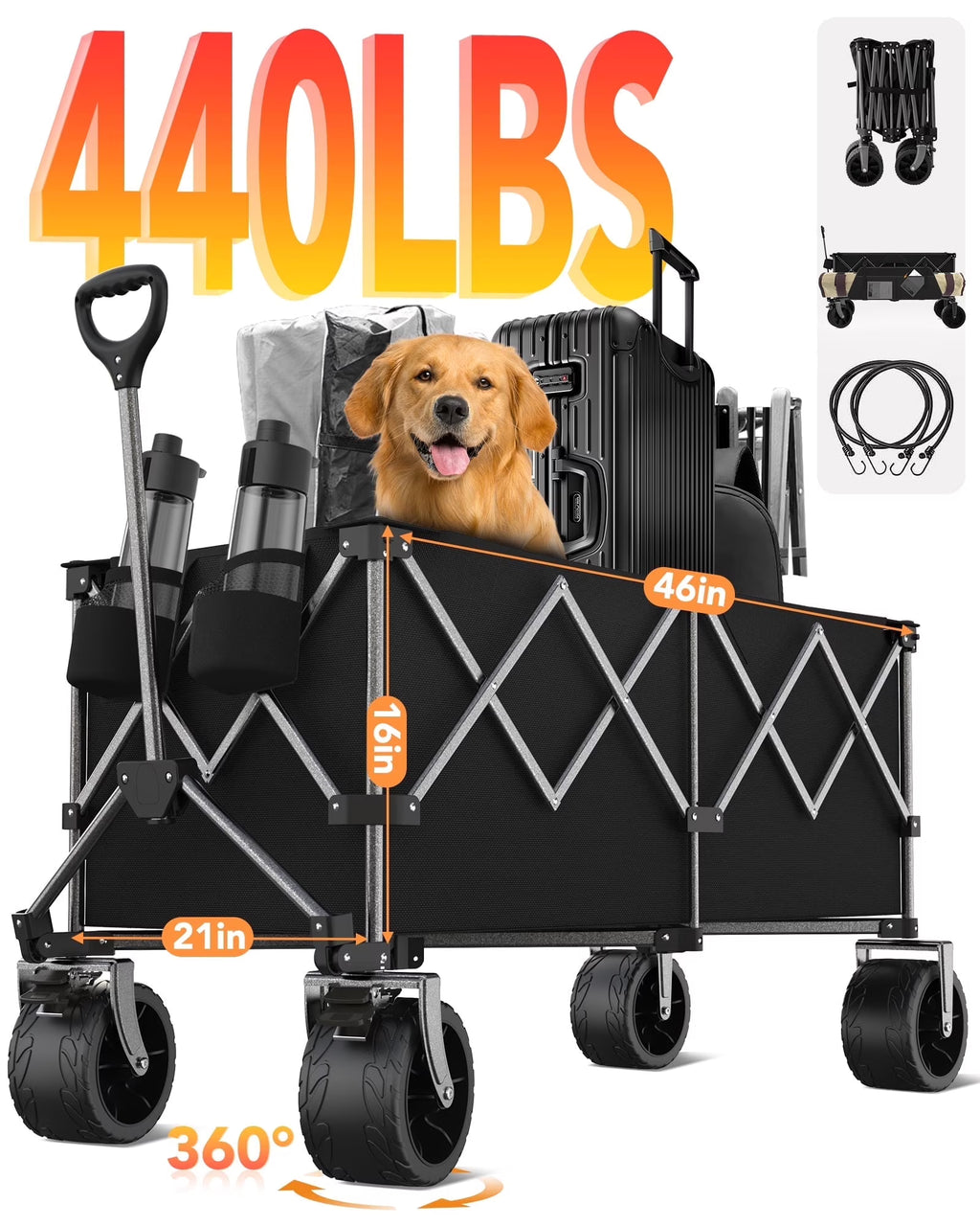 KEESTP Collapsible Wagon, 440LBS Heavy Duty Wagon Carts Foldable with Side Pocket and Brakes, 66 Gallon Large Capacity Foldable Wagon-gray