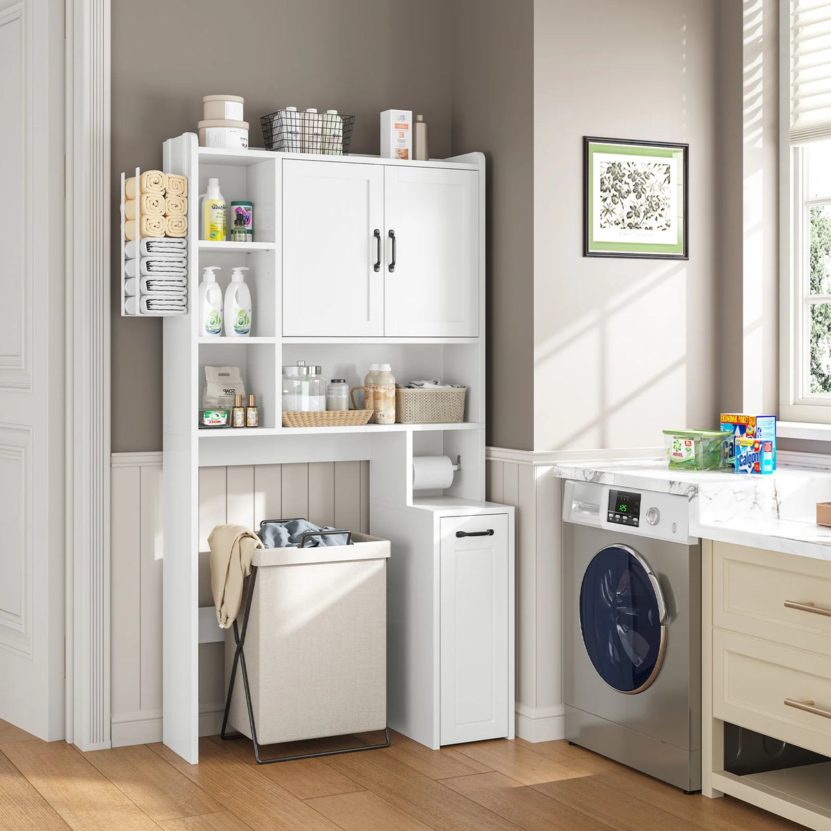 Frhnenha Over The Toilet Storage Cabinet with Pulley, Bathroom Storage Cabinet, with Adjustable Shelf and Open Shelf for Bathroom, Restroom, Laundry, White