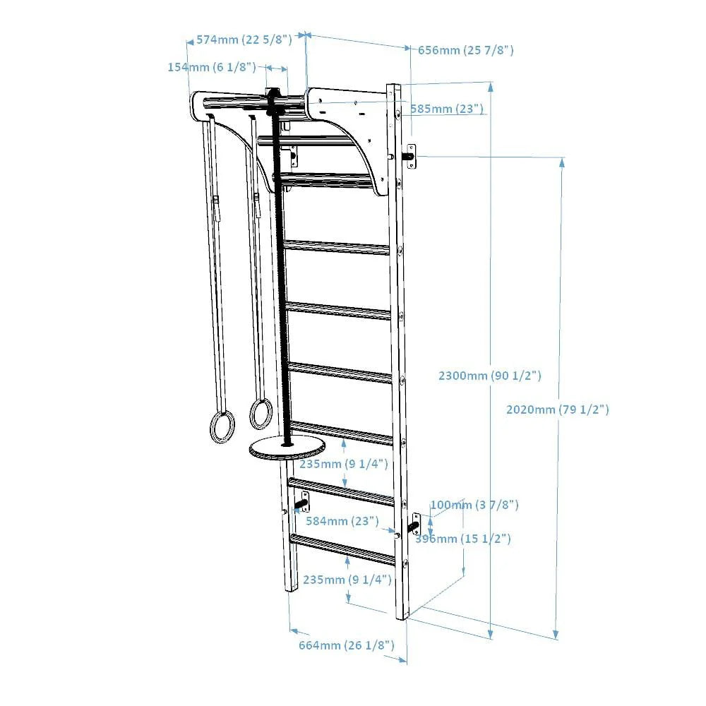 BenchK 211W + A204 White Wall bars for kids room with adjustable beech wood pull-up bar and gymnastic accessories