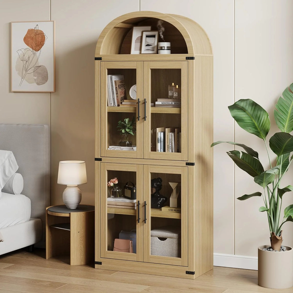 NEILA Arched Bookshelf with Doors - Glass Doors - 15.83 inches deep by 71.4 inches tall rustic ambiance premium wood display cabinet for living room, kitchen and office,Glass Door_Black