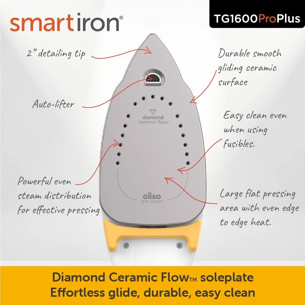 Oliso TG1600 Pro Plus 1800 Watt SmartIron with Auto Lift - for Clothes, Sewing, Quilting and Crafting Ironing | Diamond Ceramic-Flow Soleplate Steam Iron, Yellow