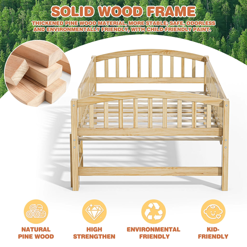 SESSLIFE Twin Size Platform Bed, Solid Wood Twin Bed Frame with Slats, Fence Guardrail Ladder, Twin Floor Bed with Strong Legs for Boys Girls, No Box Spring Needed, Holds 400 lbs, White