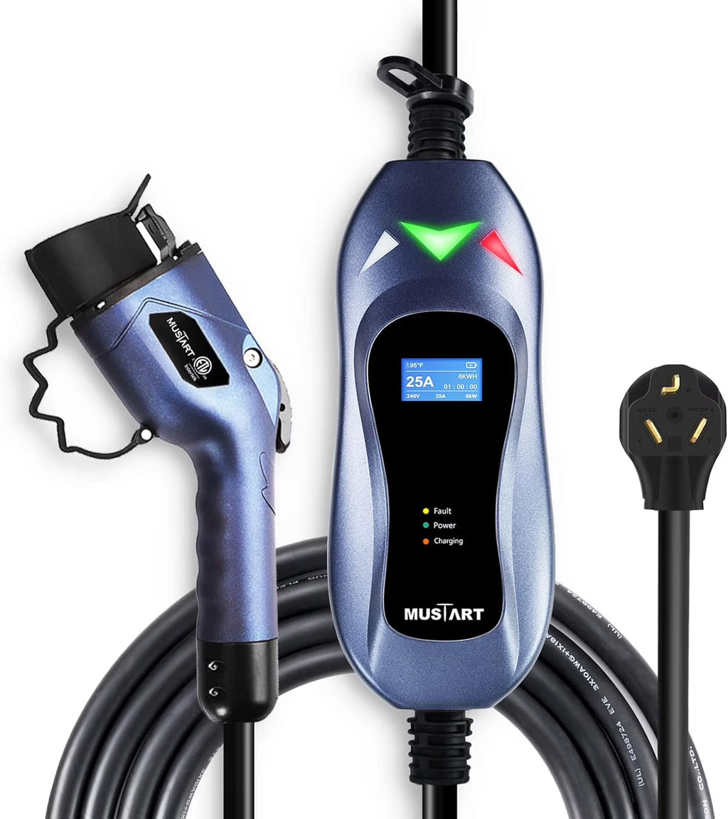 MUSTART Level 2 Portable EV Charger (240 Volt, 25ft Cable, 25 Amp), Electric Vehicle Charger Plug-in EV Charging Station with NEMA 10-30P