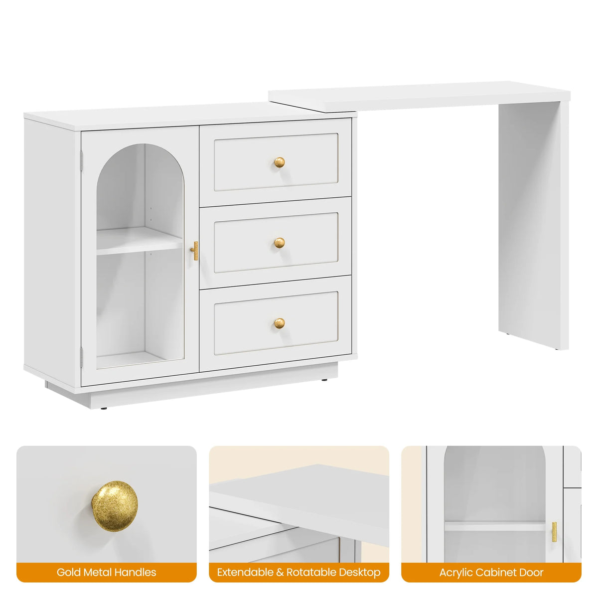 CozyHome 59�� Extendable Corner Vanity Desk with Rotatable Tabletop, Large White Makeup Vanity Table for Women Girl, 3 Drawer & 1 Door, Wood Vanity Dresser for Apartment, Dorm, Study Room, Home Office