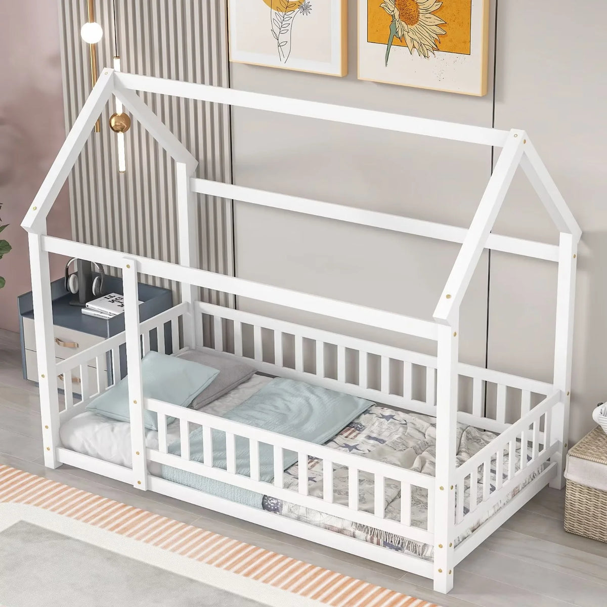 Twin Size House Bed for Boys and Girl, Wooden Canopy Bed Tent Bed, Playhouse Design Bed Frame with Full-lenth Guardrail, Bedroom Furniture, 79.5��L x 44.8��W x 66.2��H, White