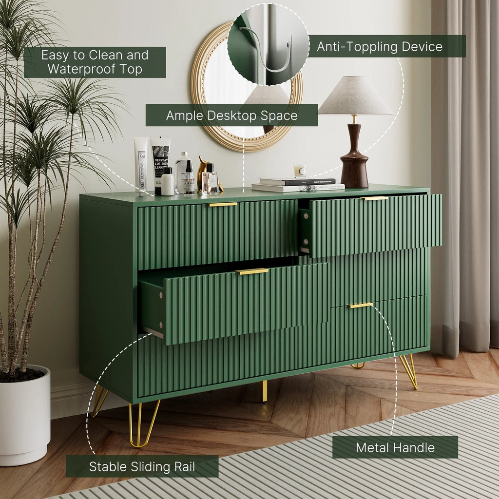 FURNIWAY White 6 Drawer Dresser for Bedroom, Modern Dresser with Gold Metal Handles,Fluted Wood TV Stand for Living Room, Hallway