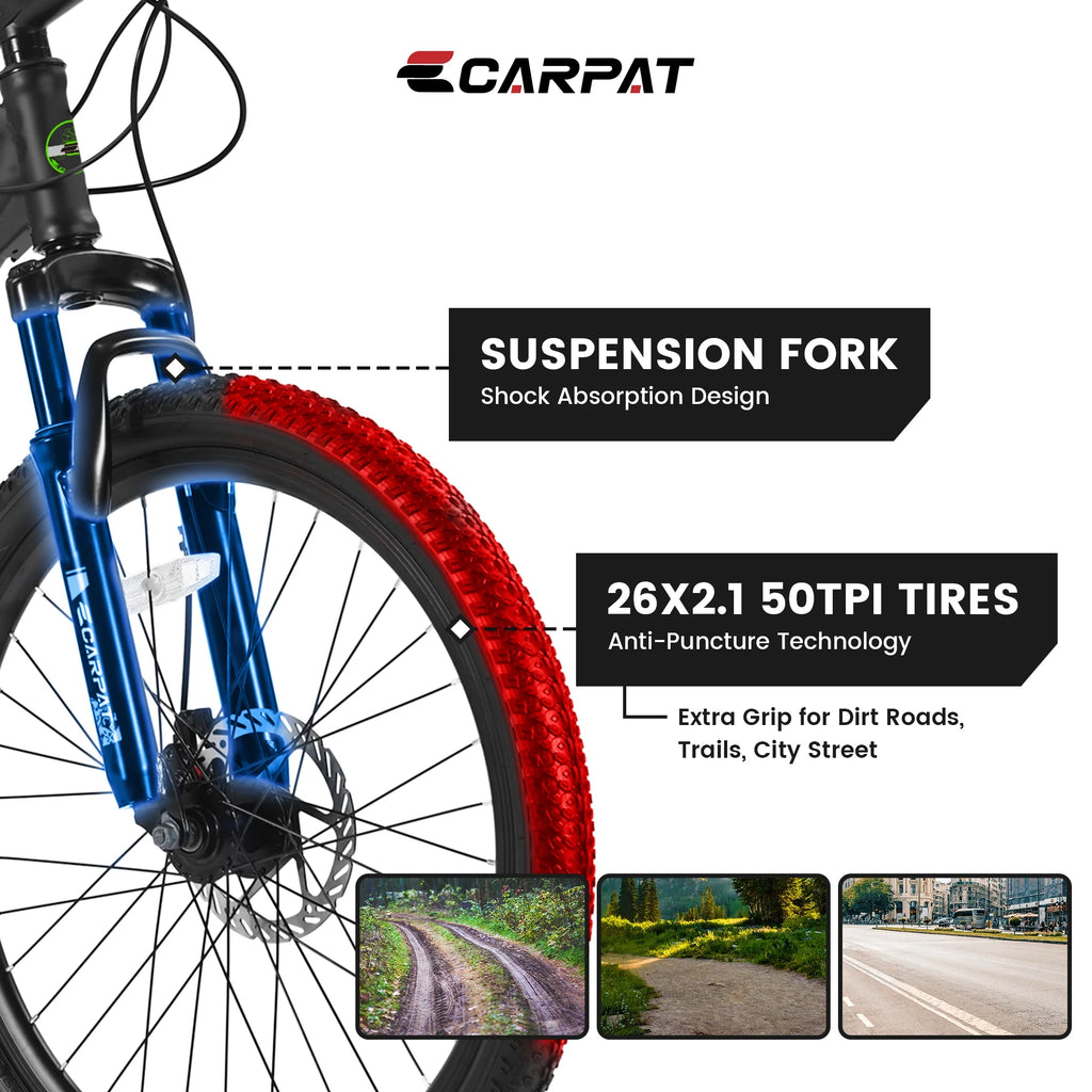 26" Mountain Bike for Adults & Teens - Shimano 21-Speed, Mechanical Disc Brakes & High-Carbon Steel Frame | Durable MTB for Trail, Forest, and City Riding