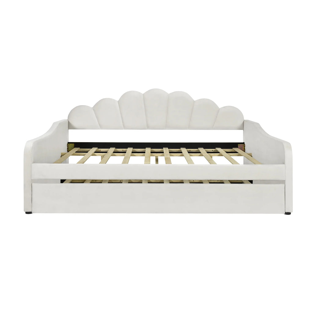 EUROCO Upholstery Full Size Platform Bed, Upholstered Daybed with Headboard and Trundle, Beige