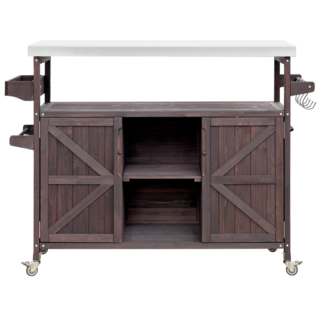 Bellemave Outdoor Serving Cart Kitchen Island Solid Wood Mobile Rolling Bar Cart with Lockable Wheels, Rack and Stainless Steel Top Beverage Storage Counter Table with Cabinet for Patio, Natural