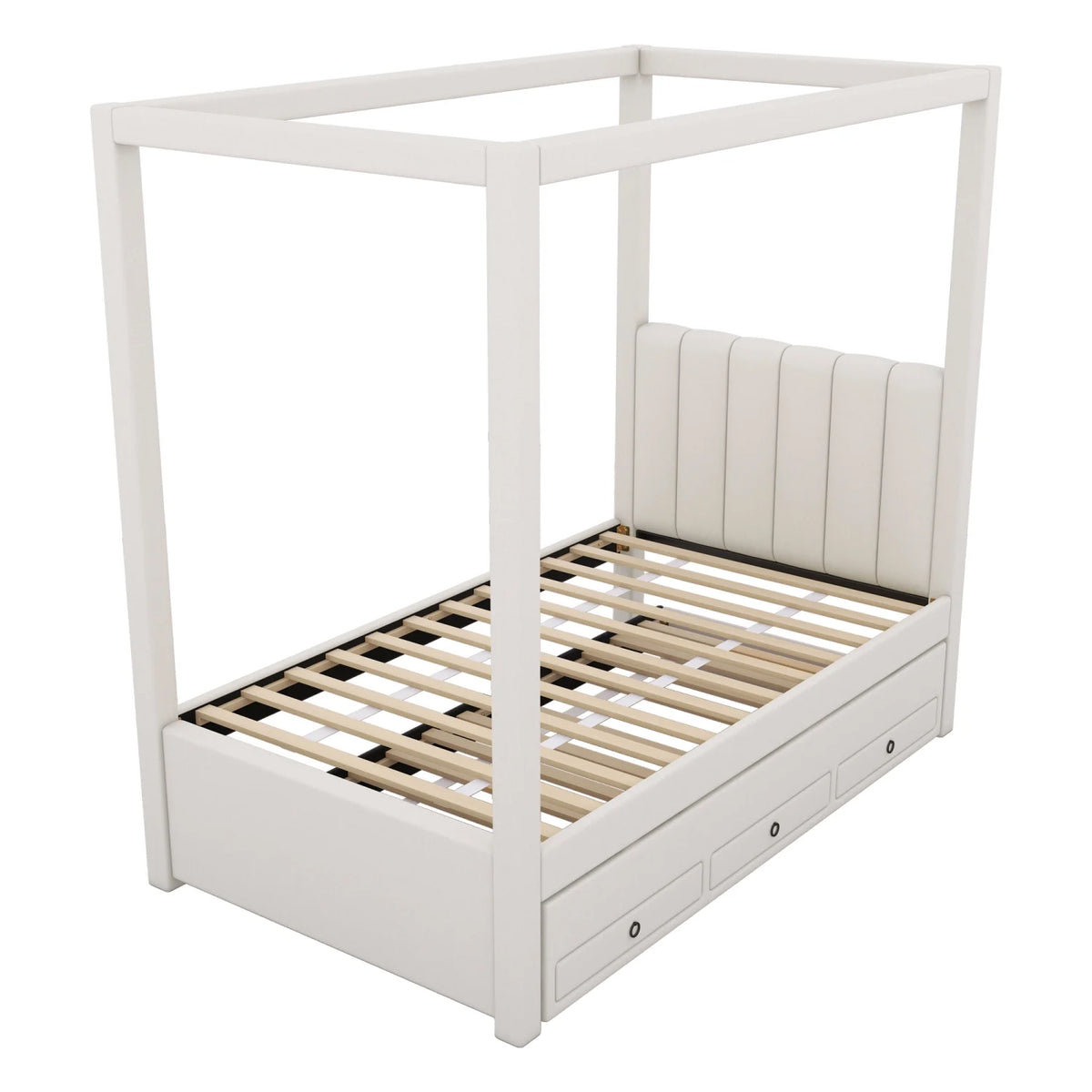 Harper & Bright Designs Twin Size Upholstery Canopy Platform Bed with Trundle and 3 Storage Drawers, Captain Platform Bed Frame with 4-Poster Canopy Roof, Beige