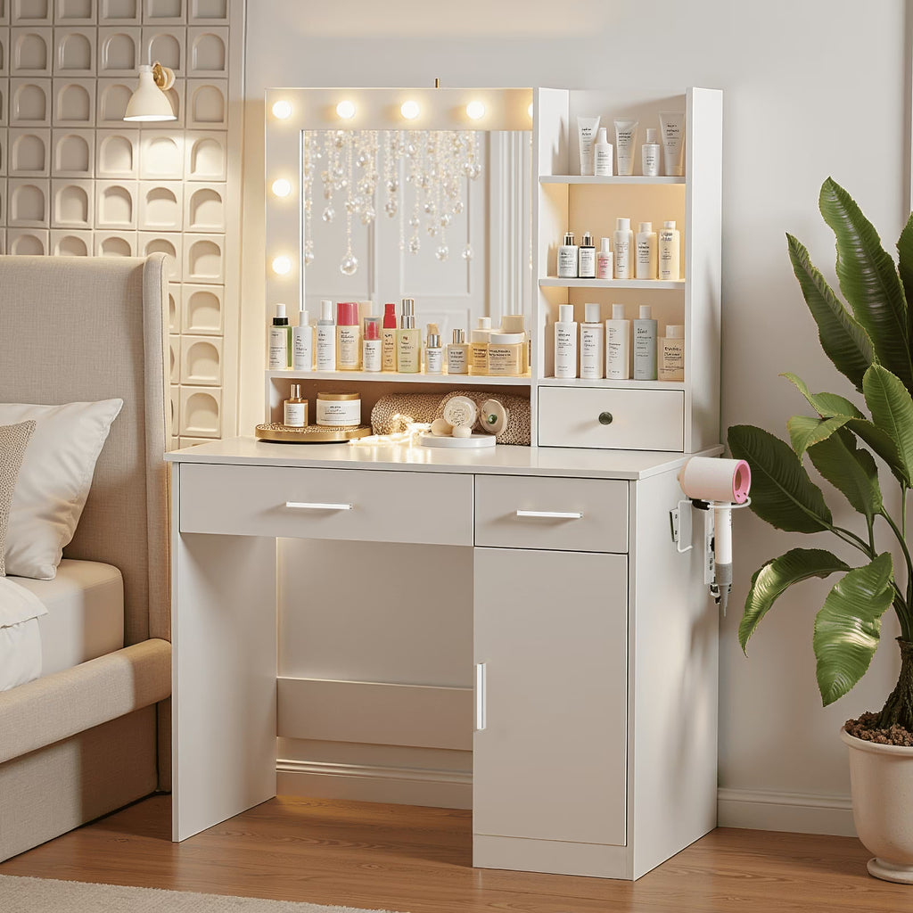 Blorly White Vanity Desk with Mirror, Makeup Vanity Table with LED Lights and Power Outlet, 3 Drawer, 4 Shelves, 1 Cabinet