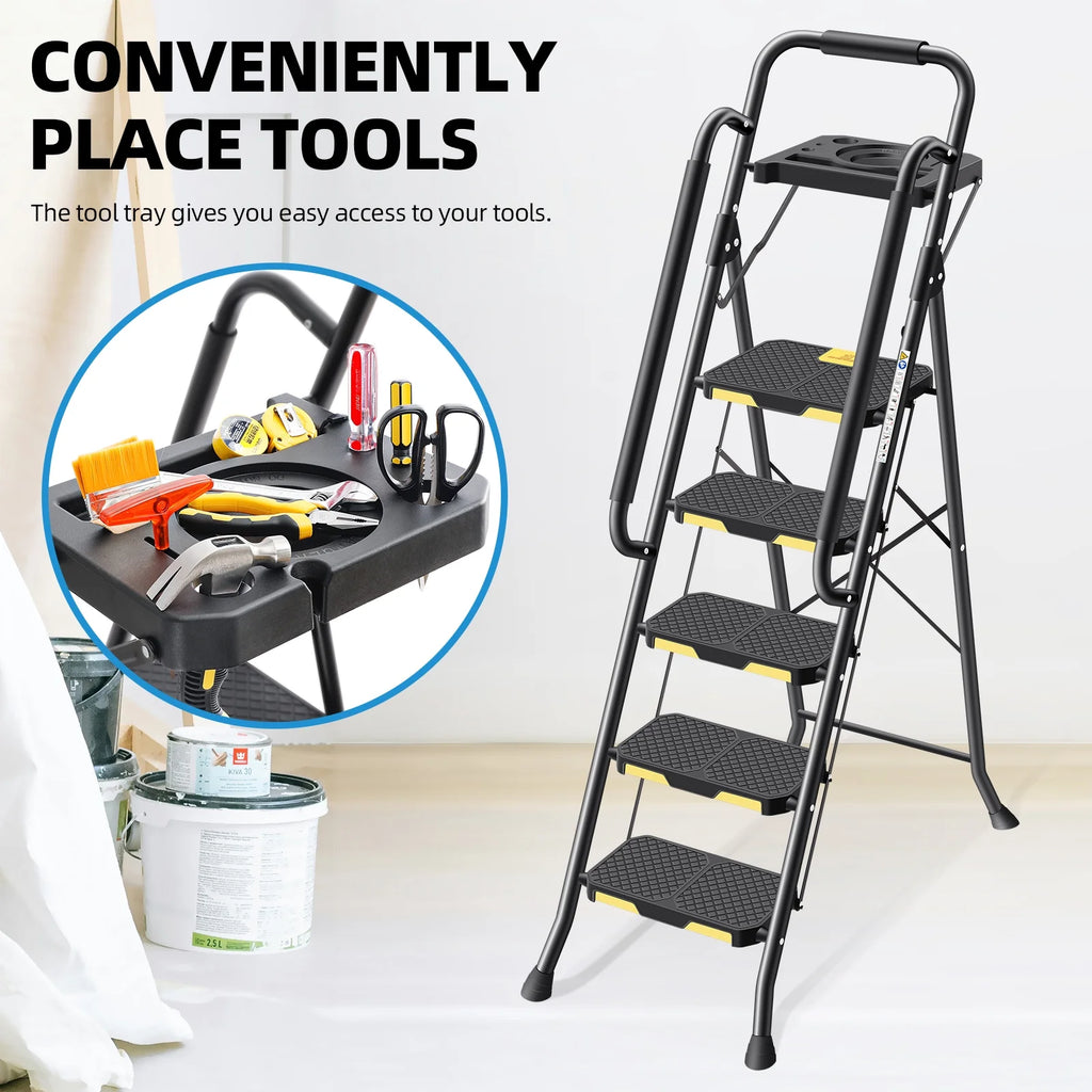 Kingrack 5 Step Folding Ladder for Adults, 800lbs Sturdy Steel  Stool Ladder with Anti-Slip Pedal&Handrail&Tool Tray for Home Kitchen Office
