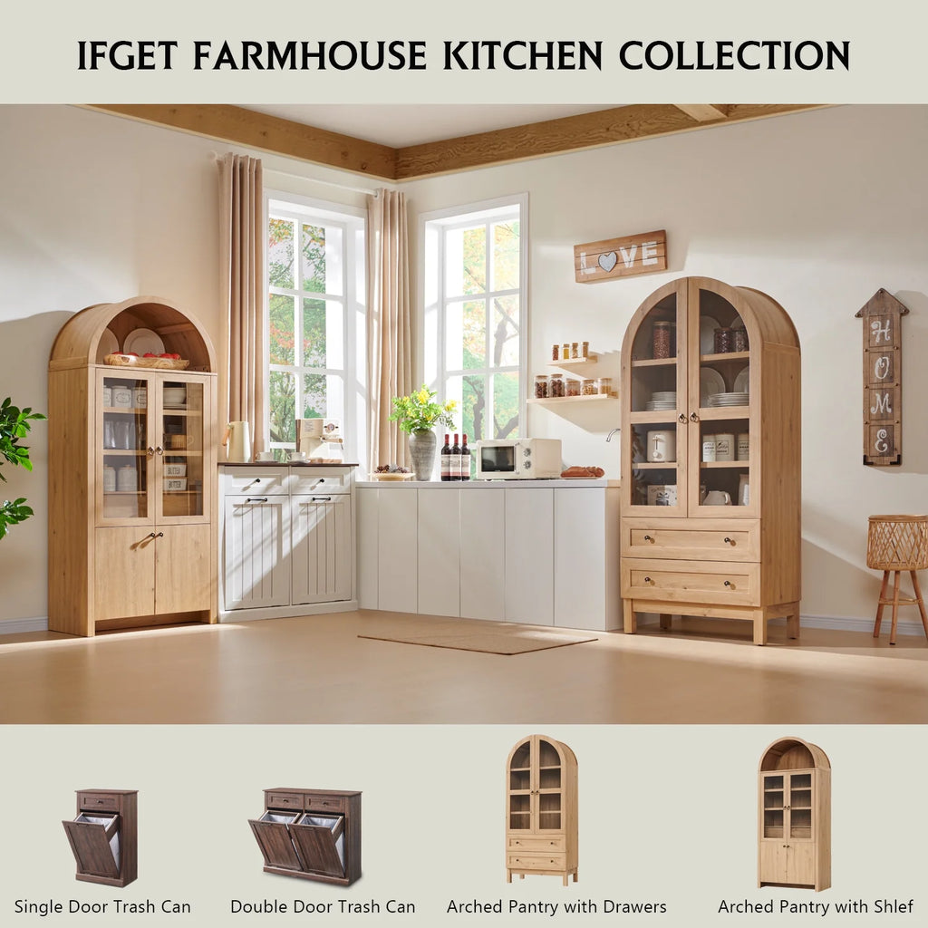 SinCiDo Arched Kitchen Pantry Storage Cabinet, 71-Inch Tall Wood Adjustable Shelves, 2 Doors, 2 Drawers